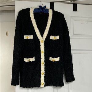 J. Crew Black Textured Sweater cream trim, gold buttons xs worn once